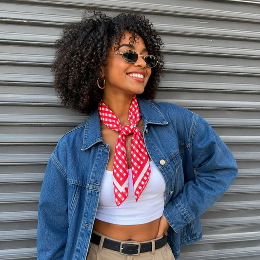 French Picnic Red Gingham Satin Silk Square Scarf