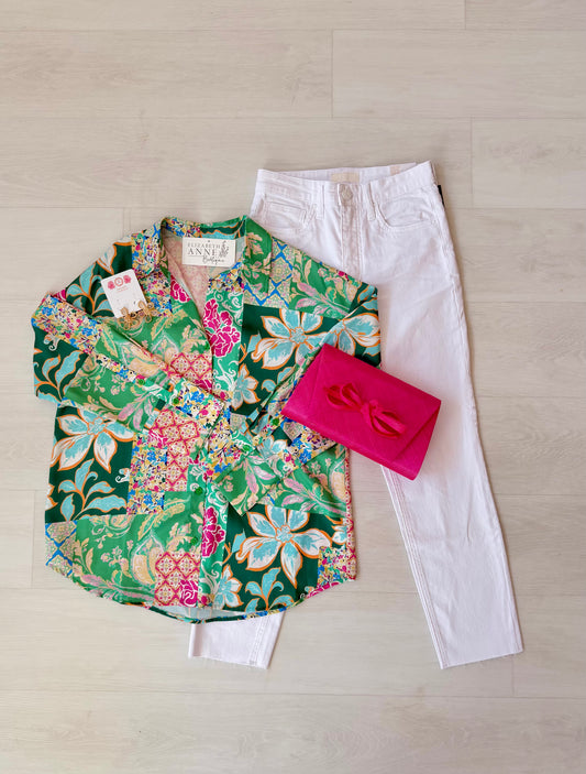 Garden Quilt Split V-Neck Collar Blouse