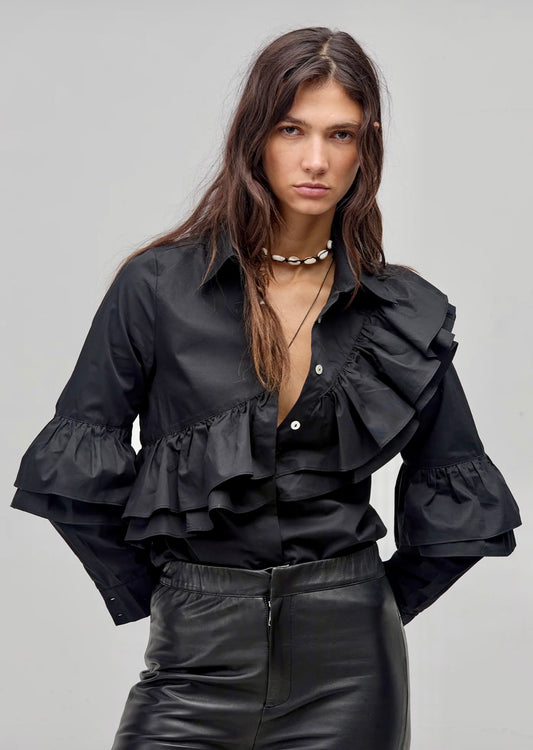 Mambo Black Cotton Shirt With Ruffle Detail