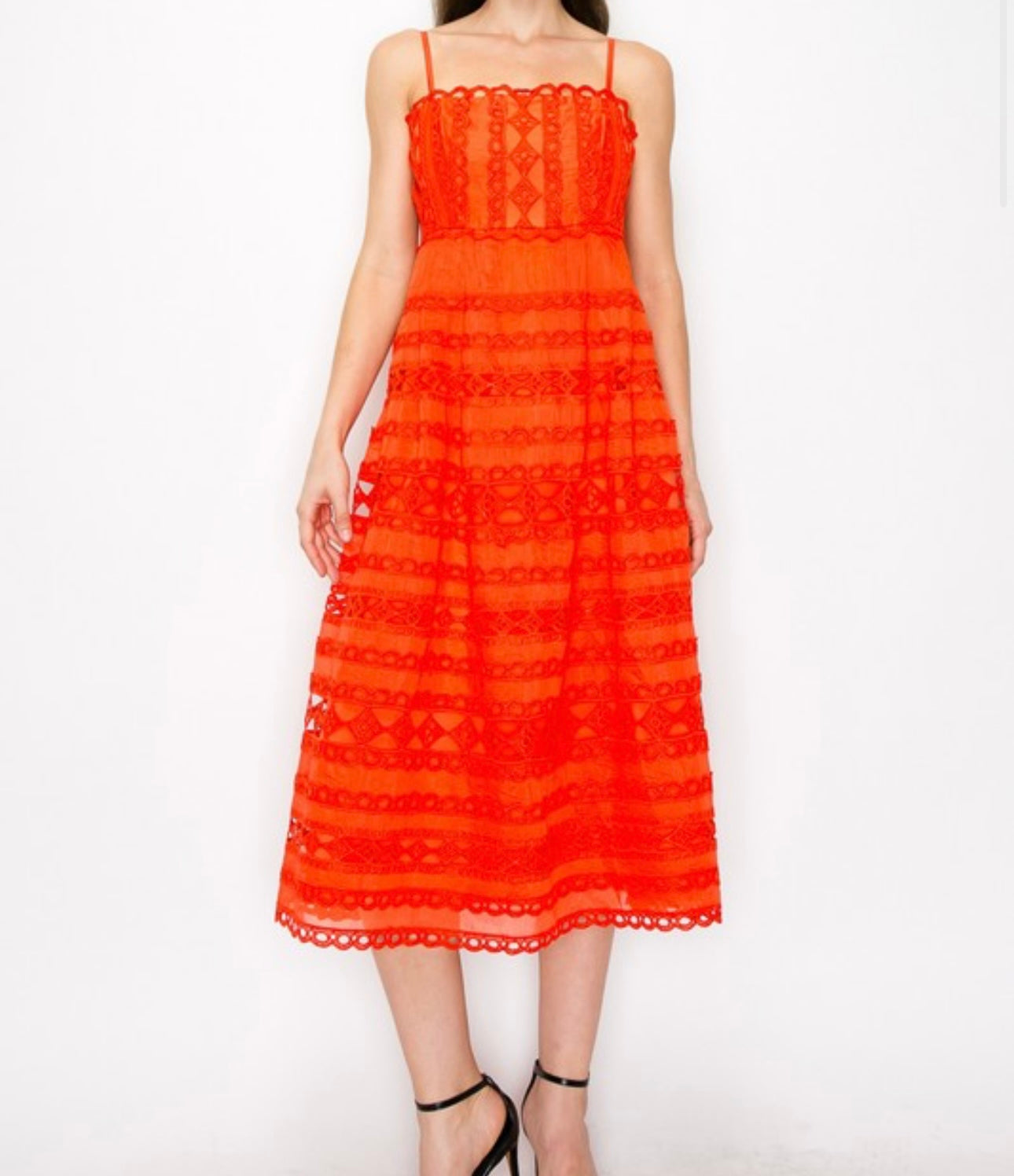 EAB Favorites Orange Lace Spaghetti Strap Midi Dress