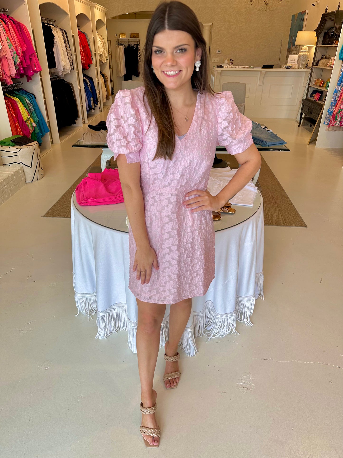 Jade Pink V-Neck Gather Sleeve Dress