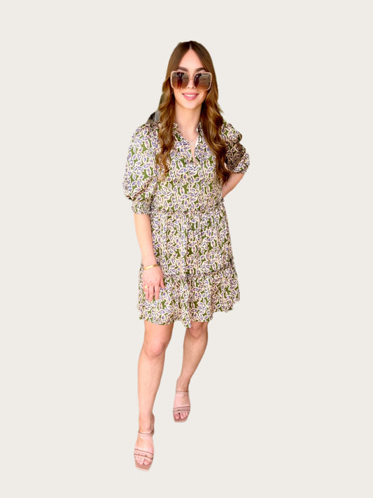 Joy Joy Tiered Peasant Dress- Moss Leaves