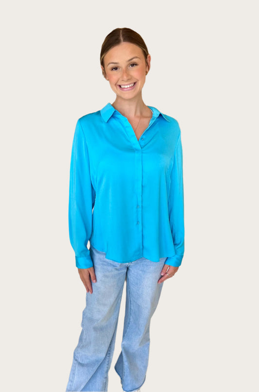 Renuar Woven Button Up Blouse Turquoise