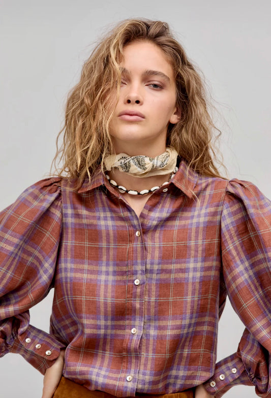 Camille Linen Shirt Hazelnut Checks