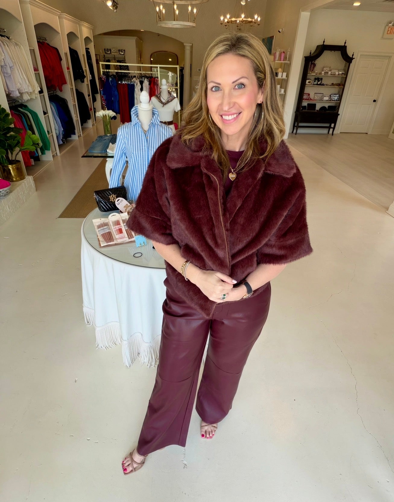 Esqualo Faux Fur Poncho Jacket - Merlot