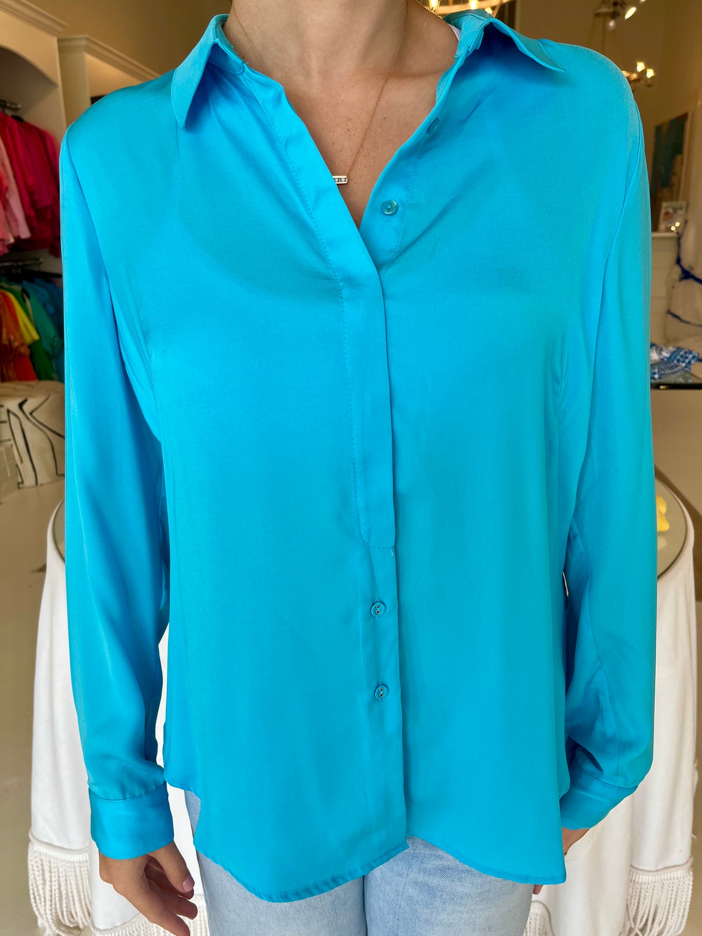 Renuar Woven Button Up Blouse Turquoise