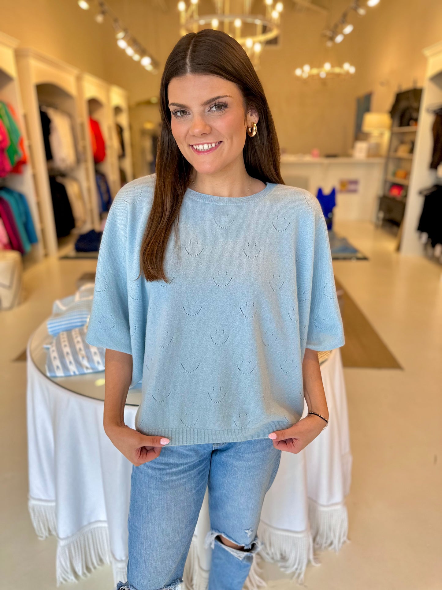 Stitch & Needly Drape Sleeve Pullover w/ Smile - Sky Blue