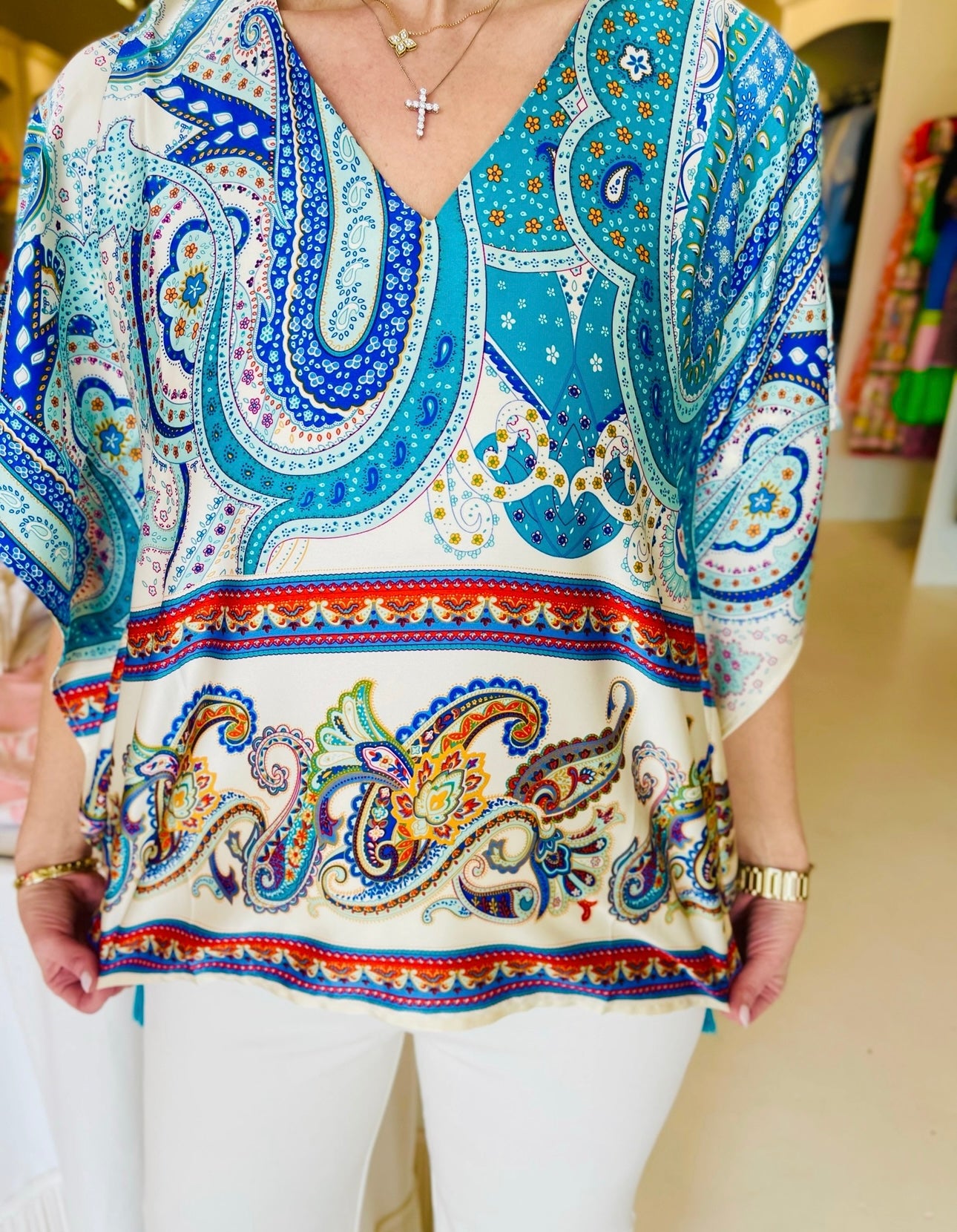 Jade V-Neck Caftan Top - Blue Paisley