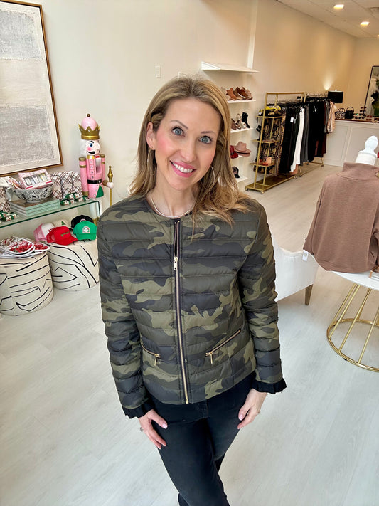 Ciao Milano Carmen Camouflage jacket with ruffle detail