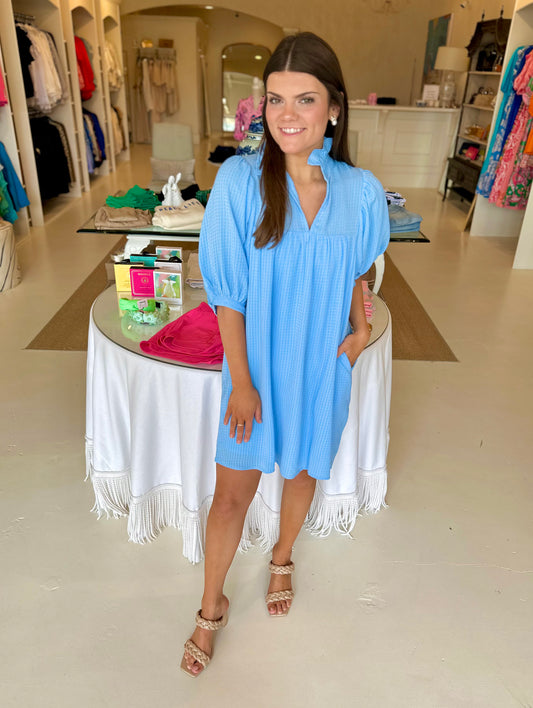 Jade Blue High Neck Puff Sleeve Dress