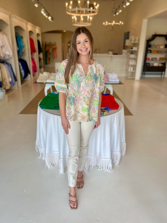 Jade Lace Trim Peasant Top - Watercolor Eyelet