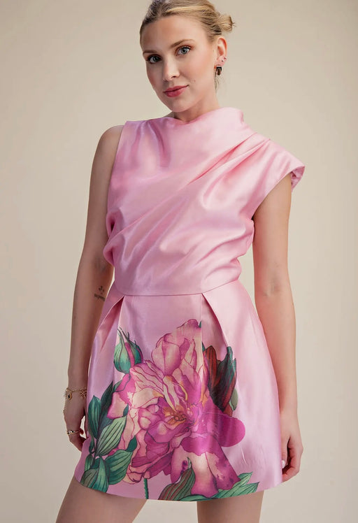 Pink High Neck Mini Dress - Bold Flower Print