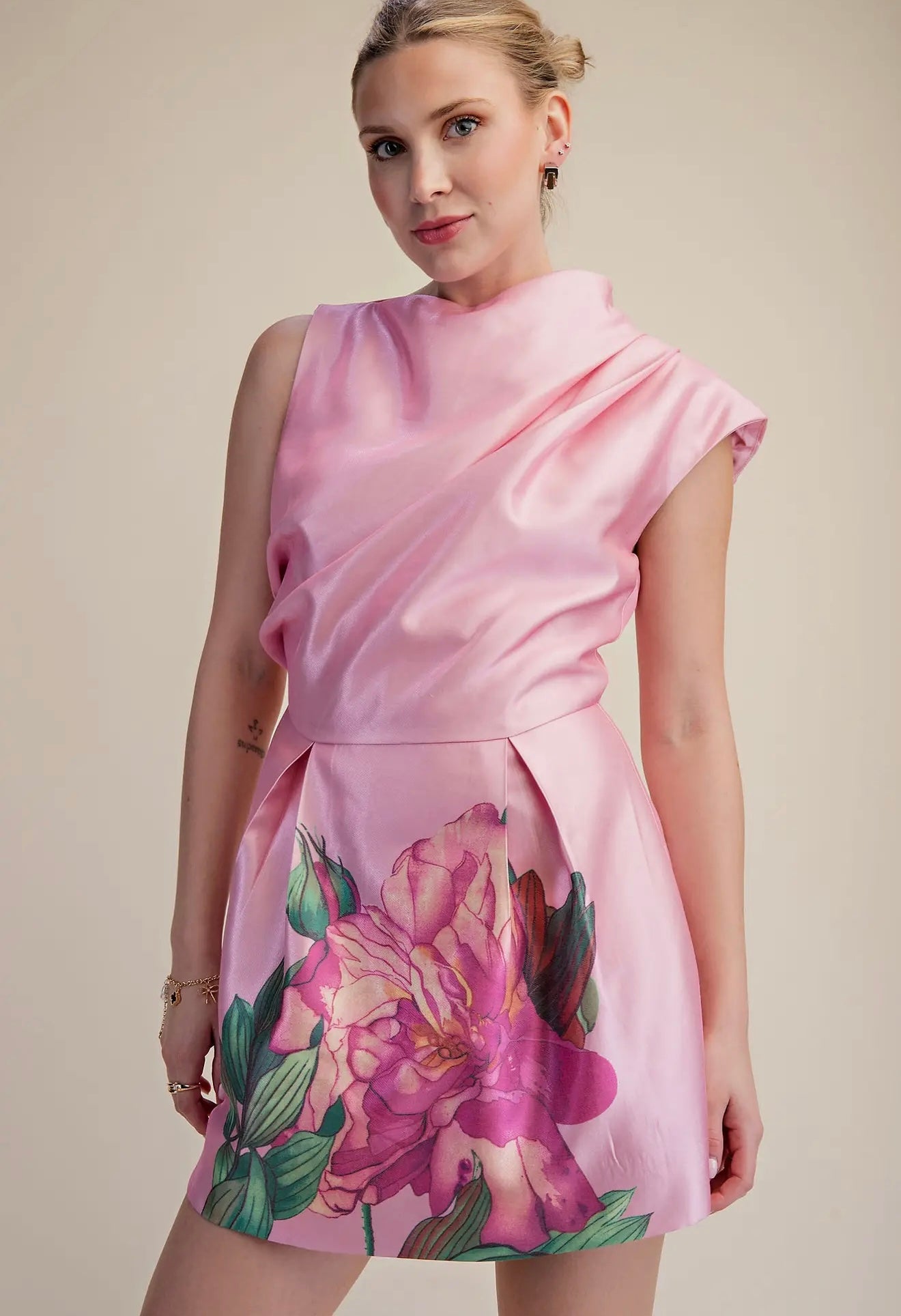 Pink High Neck Mini Dress - Bold Flower Print