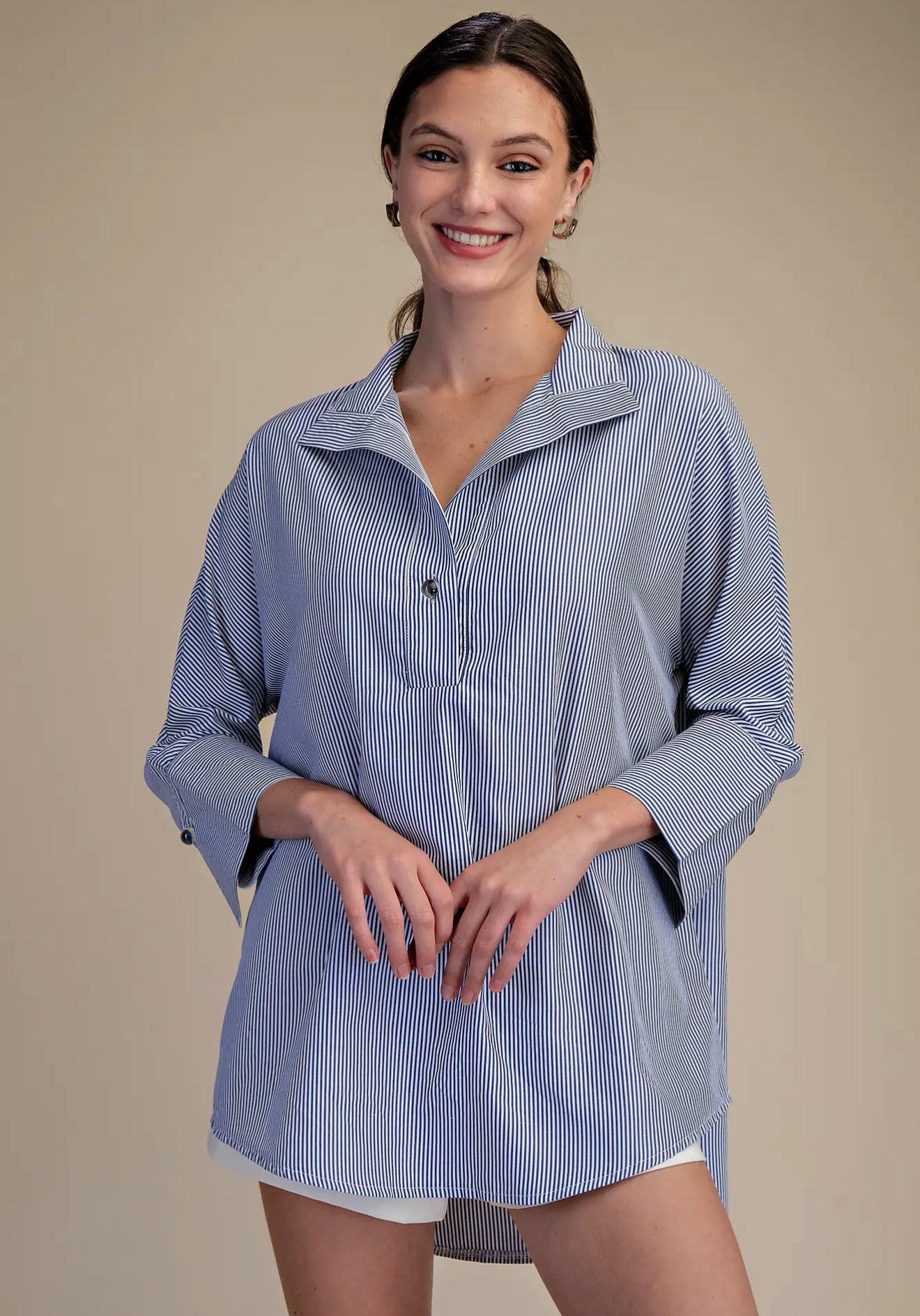 Stand neck blue & white striped shirt