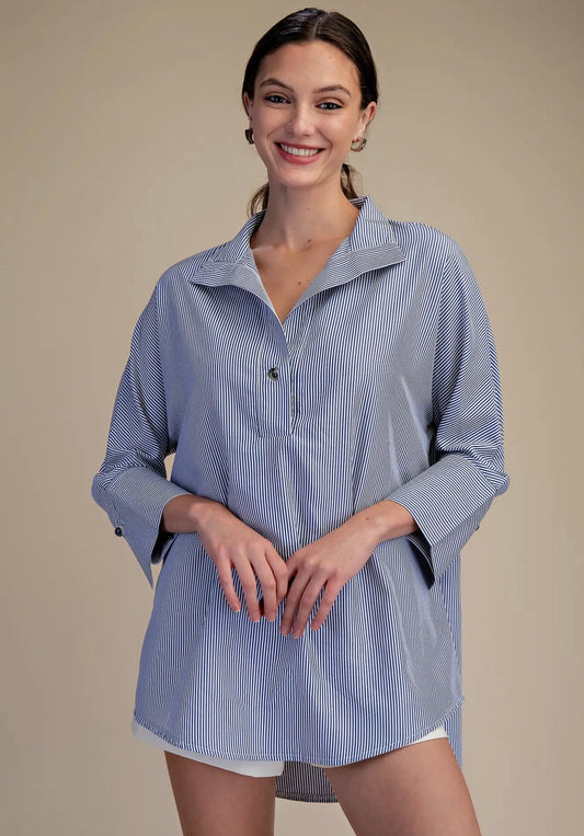 Stand neck blue & white striped shirt