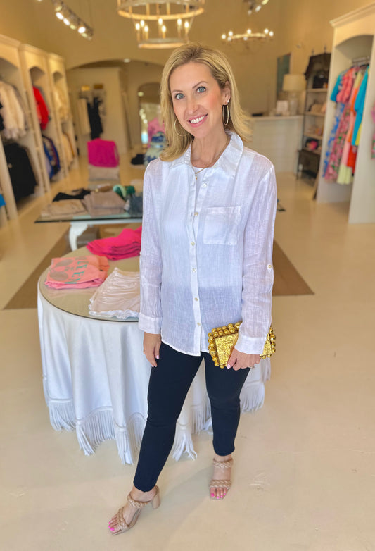 Charlie B Solid Button Front Linen Shirt - White