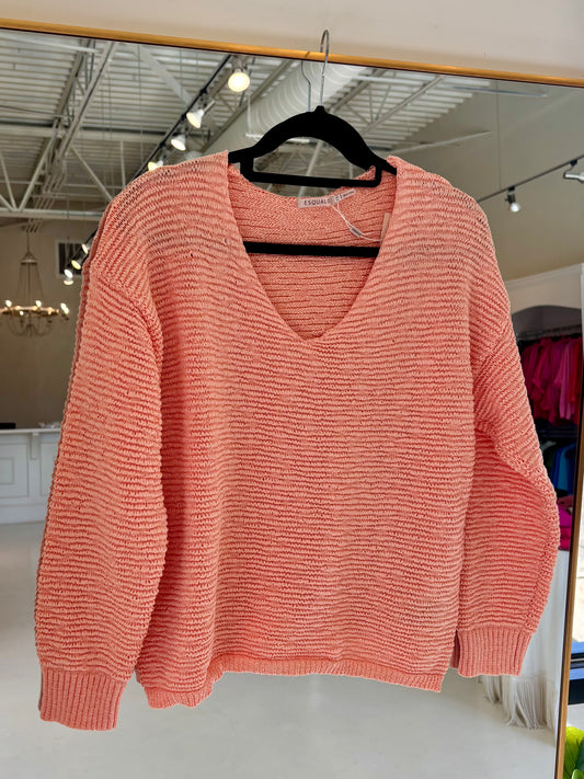 Esqualo V-Neck Tape Yarn Sweater - Coral