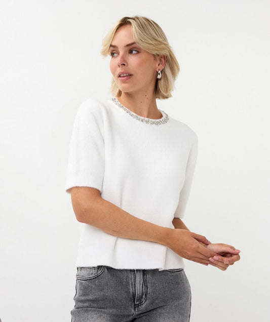 Ivory knit sweater with jeweled neckline