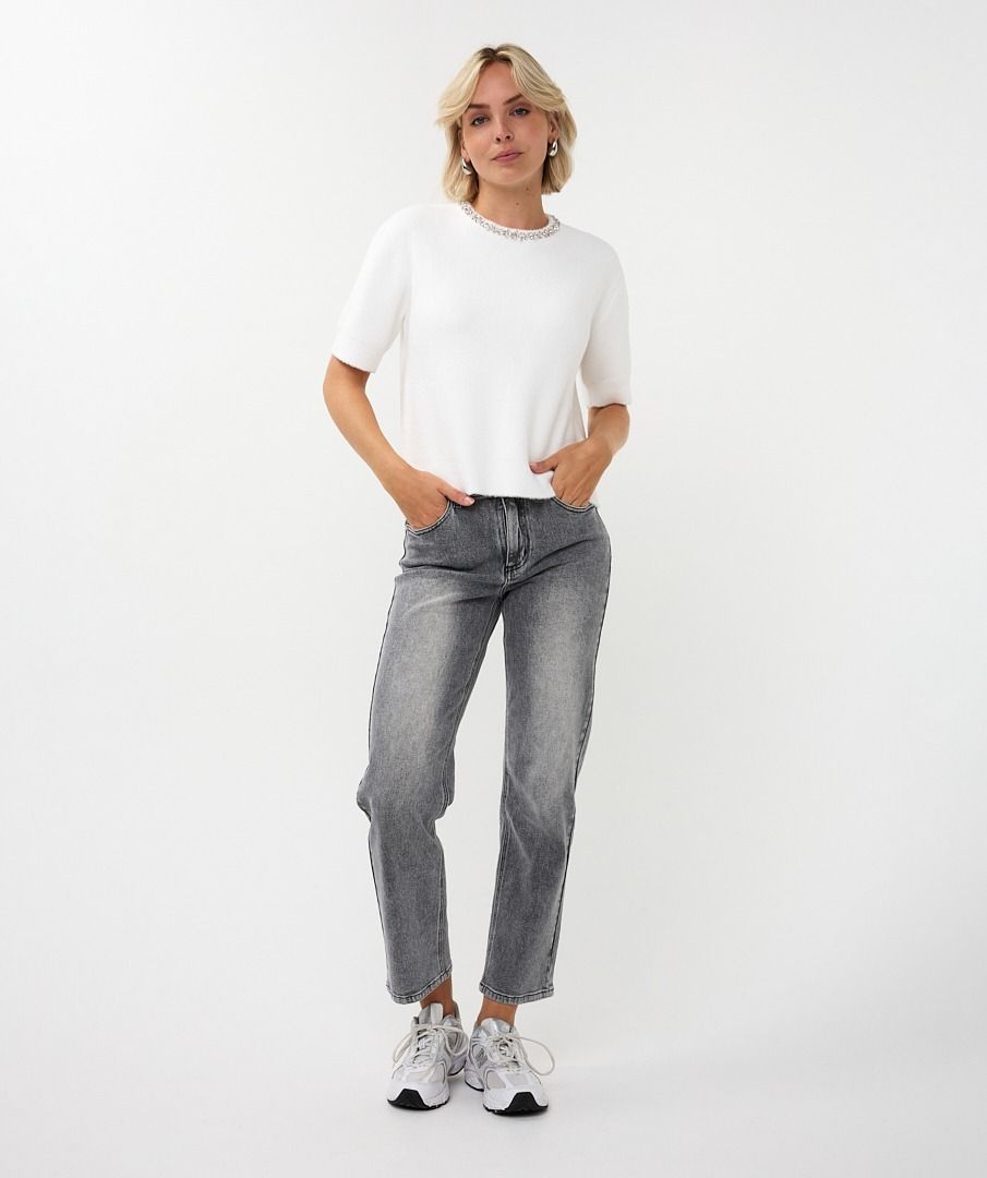 Ivory knit sweater with jeweled neckline