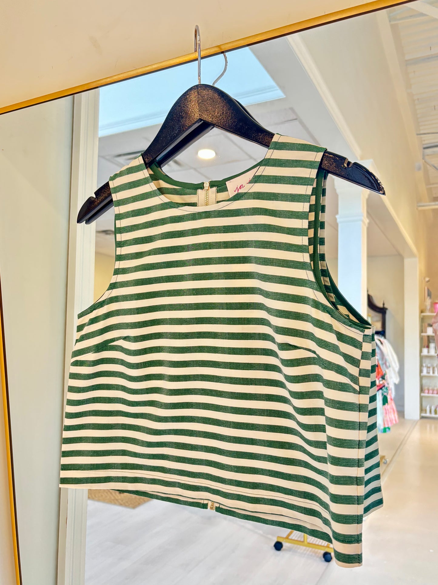 Joy Joy Back Zip Sleeveless Top - Green Stripe