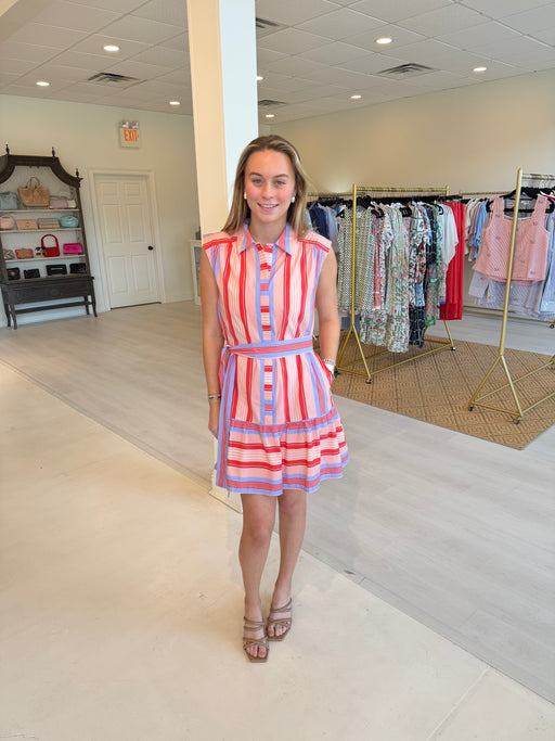 Joy Joy Sleeveless Shirt Dress- Red Stripe