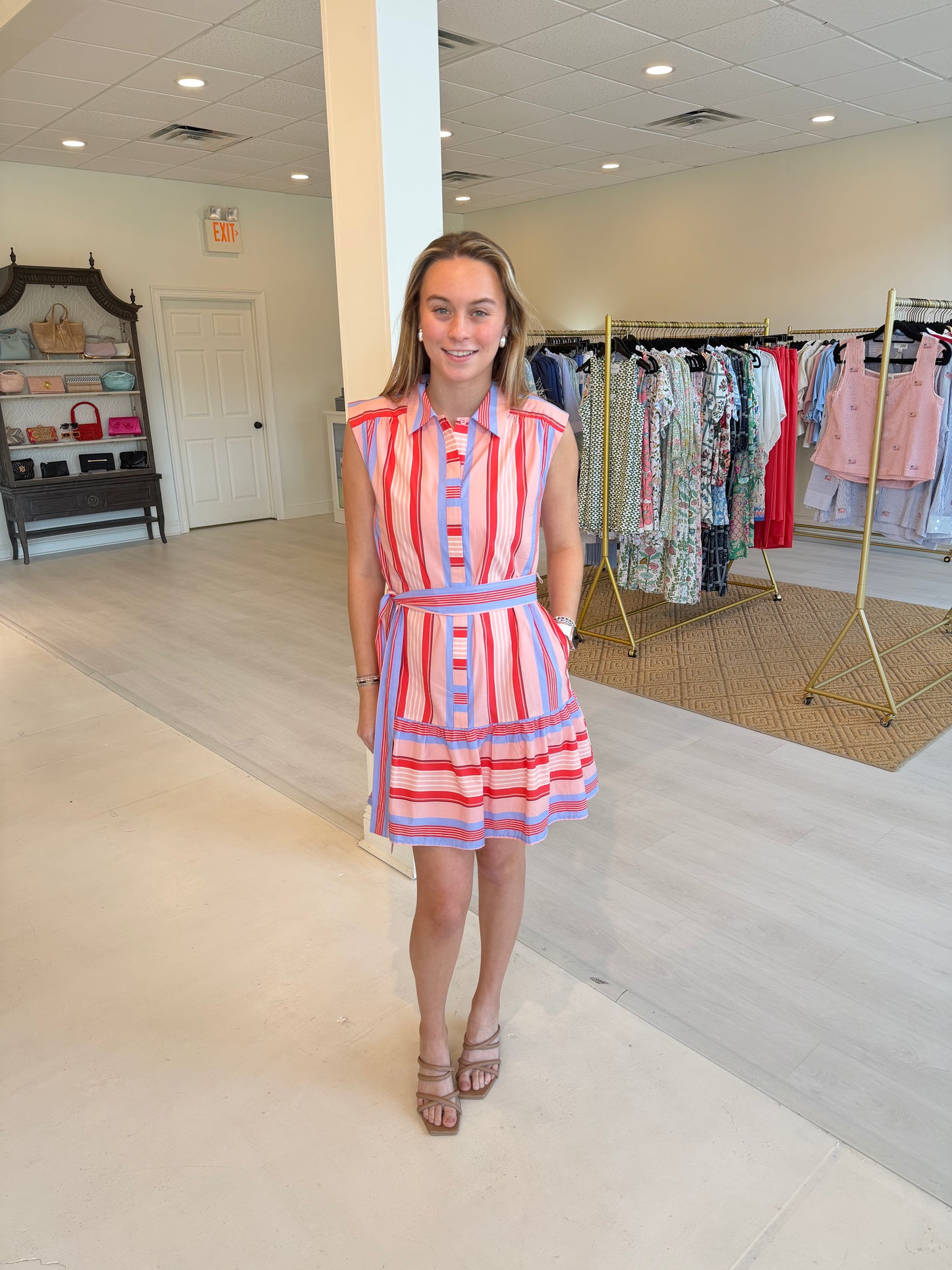 Joy Joy Sleeveless Shirt Dress- Red Stripe