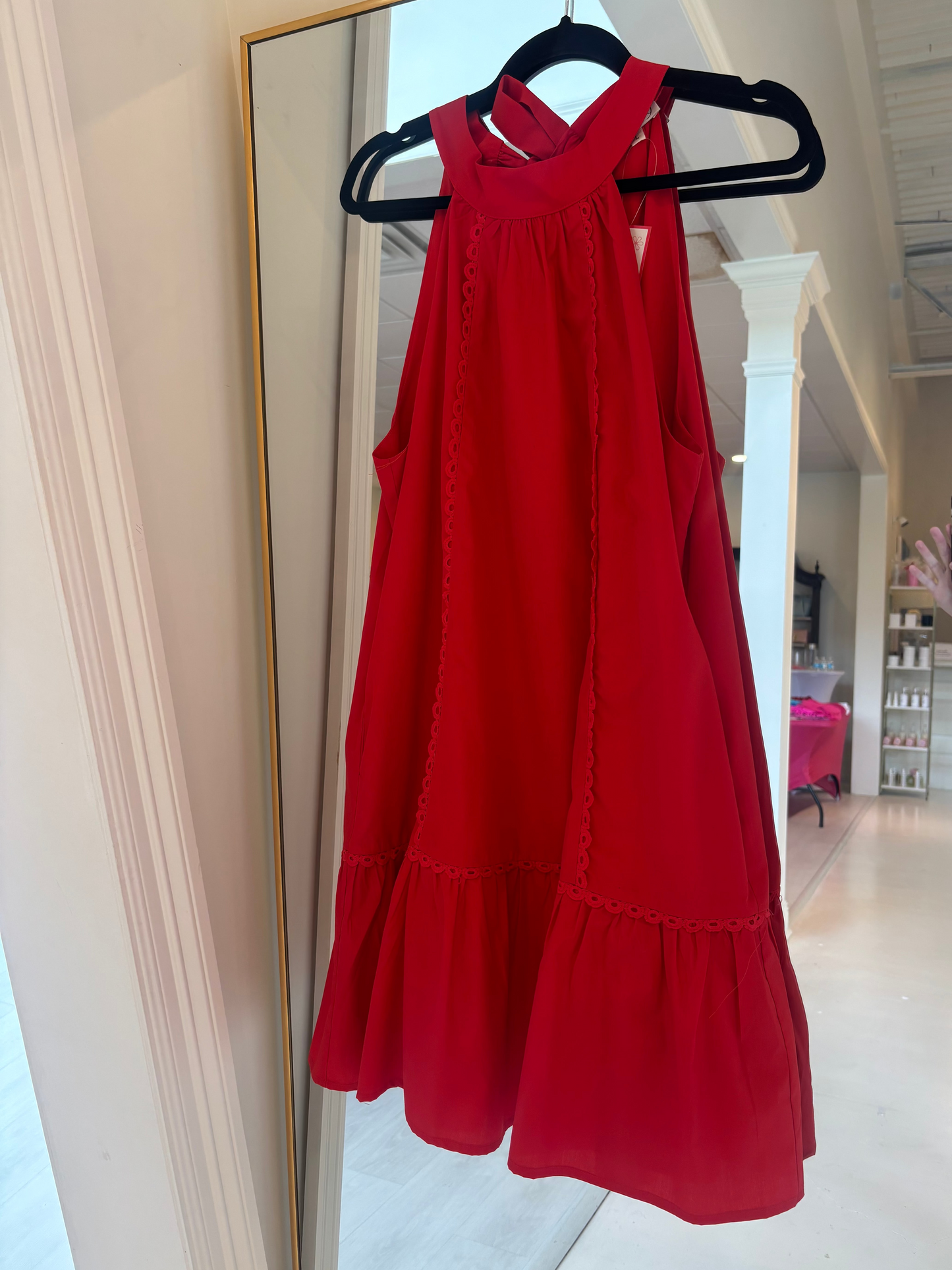 Joy Joy Red Tie Neck Halter Dress