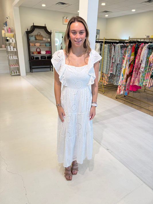 Flying Tomato Woven Eyelet Midi Dress-White
