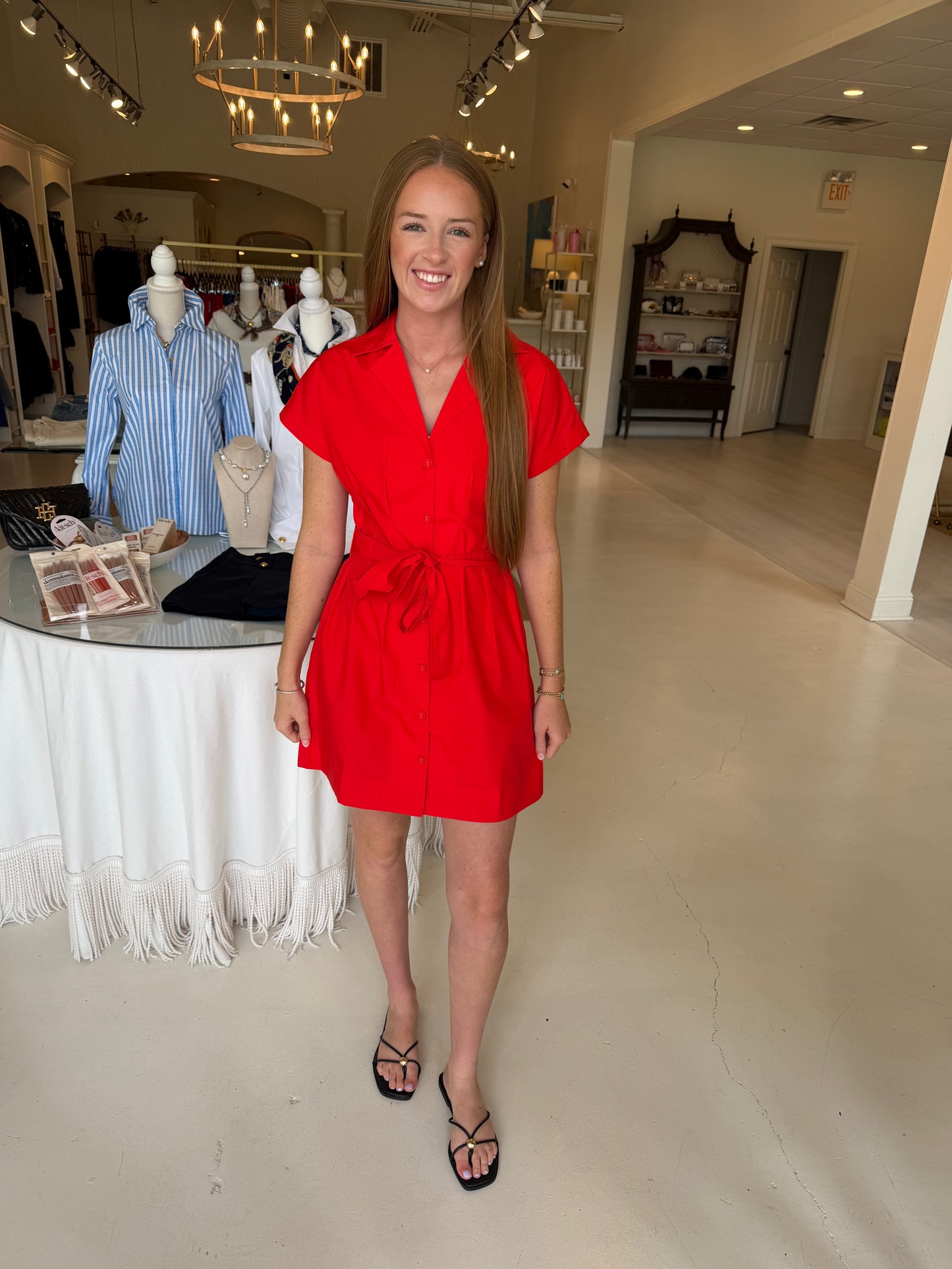 Joy Joy Waist Pleated Button Dress- Red
