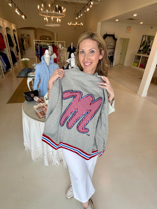 Queen of Sparkles Ole Miss Gingham Mascot Mock Neck Sweatshirt - Grey