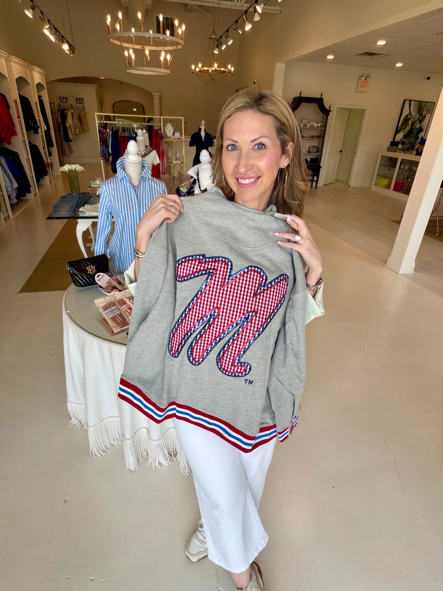 Queen of Sparkles Ole Miss Gingham Mascot Mock Neck Sweatshirt - Grey