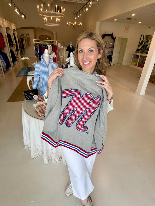 Queen of Sparkles Ole Miss Gingham Mascot Mock Neck Sweatshirt - Grey