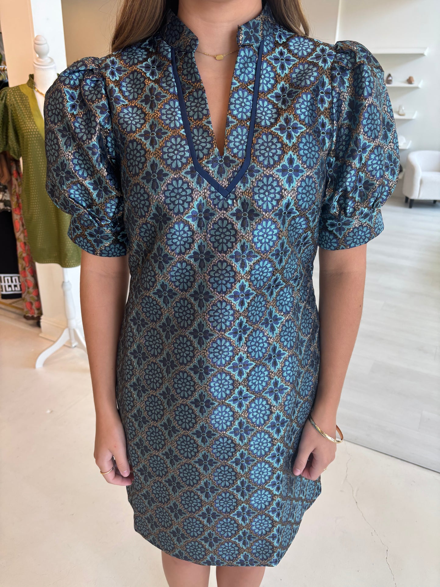 Collar Trimmed V-Neck Dress - Gilded Trellis