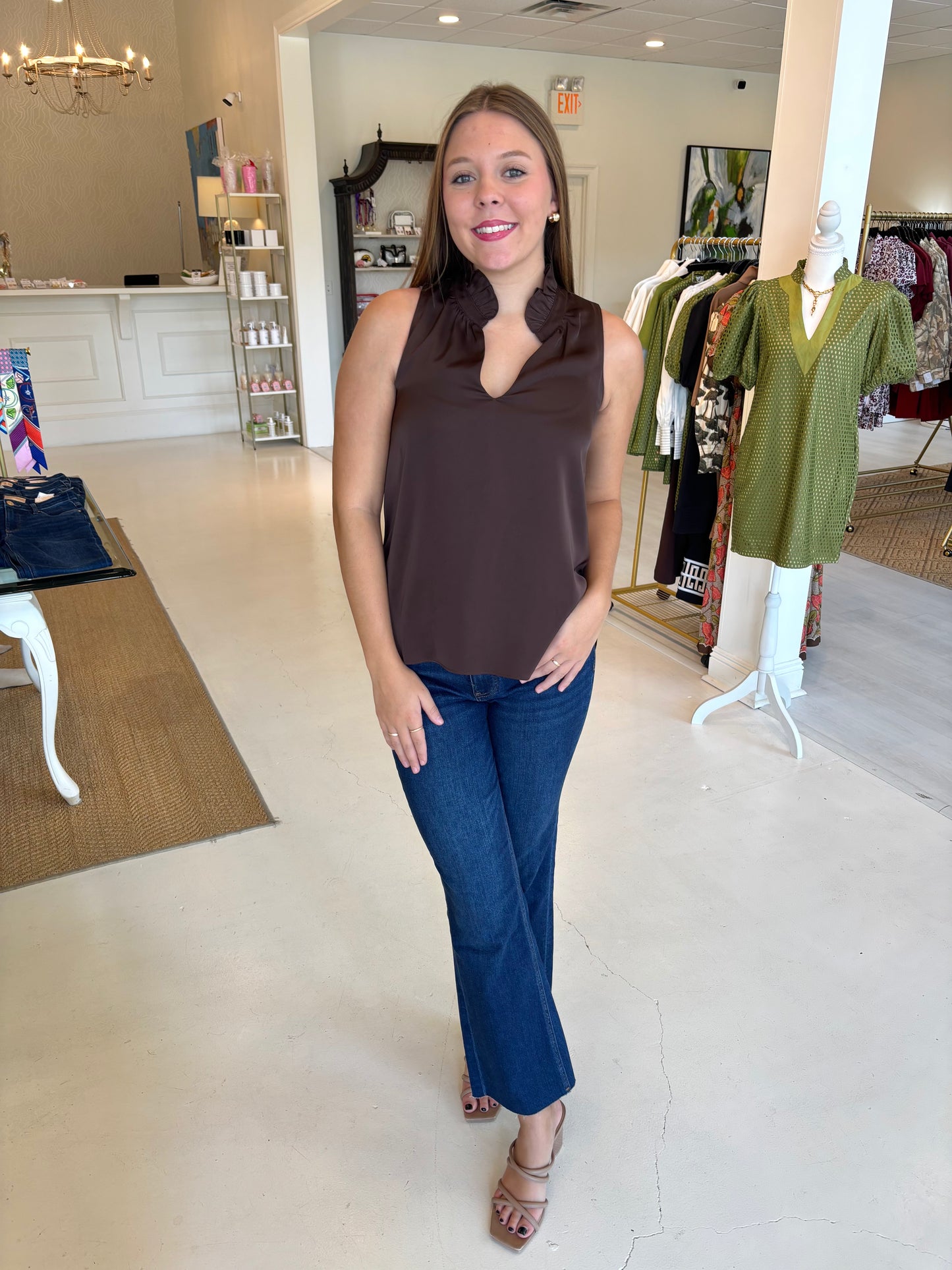 Jade Ruffles Neck Shell - Brown