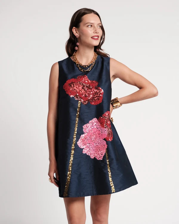 Frances Valentine Alice Shift Dress Poppy Poly Dupion - Navy Multi