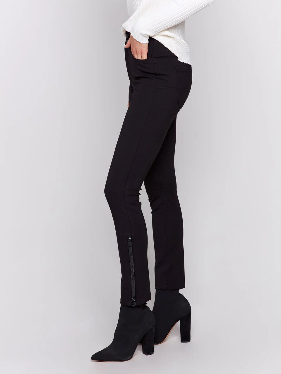 Charlie B Slim Ponte Pants with Pockets & Pleather Details