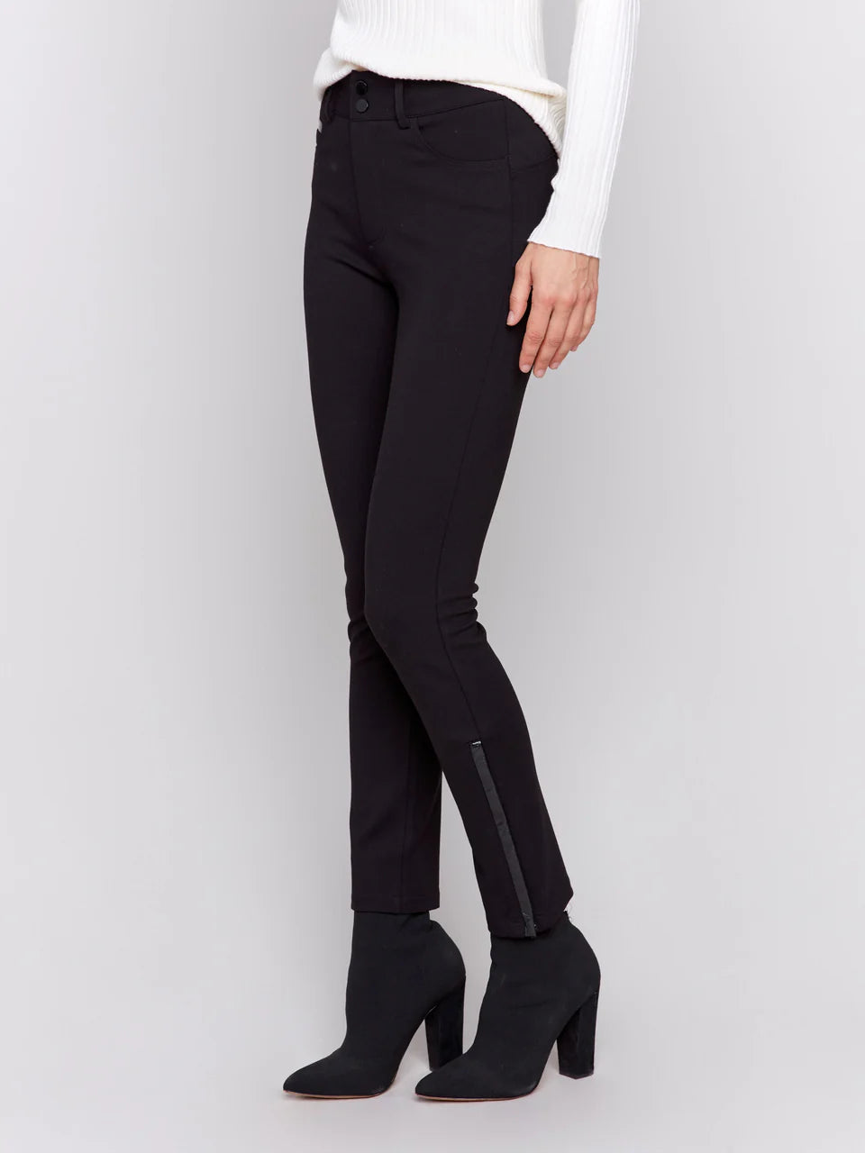 Charlie B Slim Ponte Pants with Pockets & Pleather Details