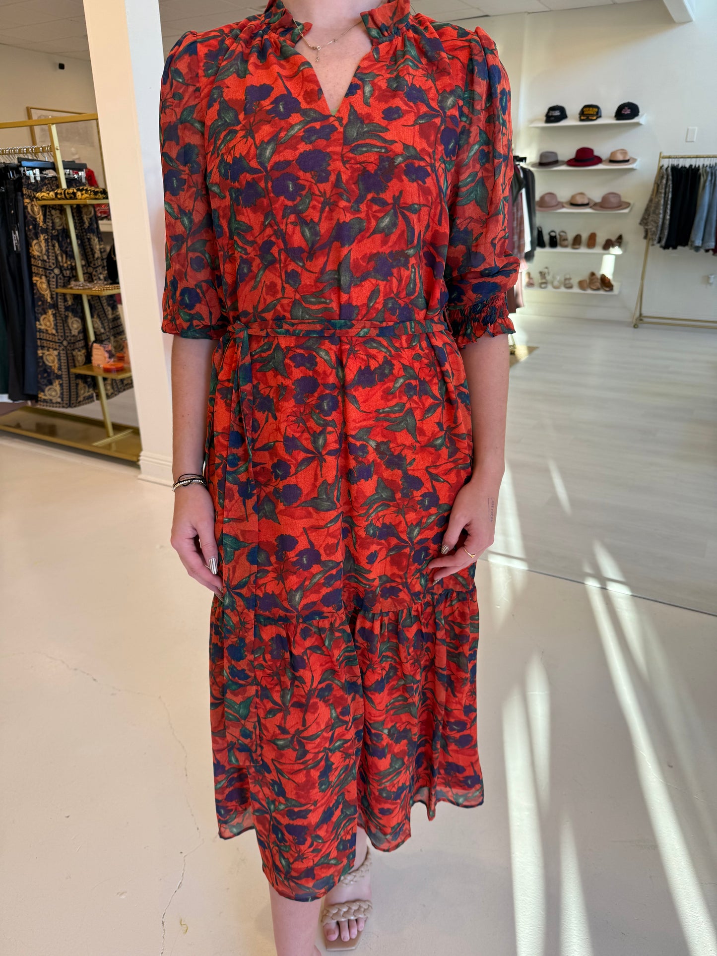 Joy Joy Split Neck Maxi - Red Floral