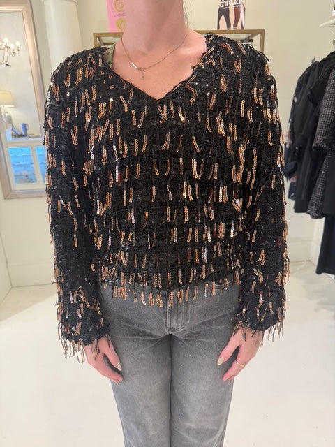 Esqualo Fringe Sweater - Black & Gold Sequins