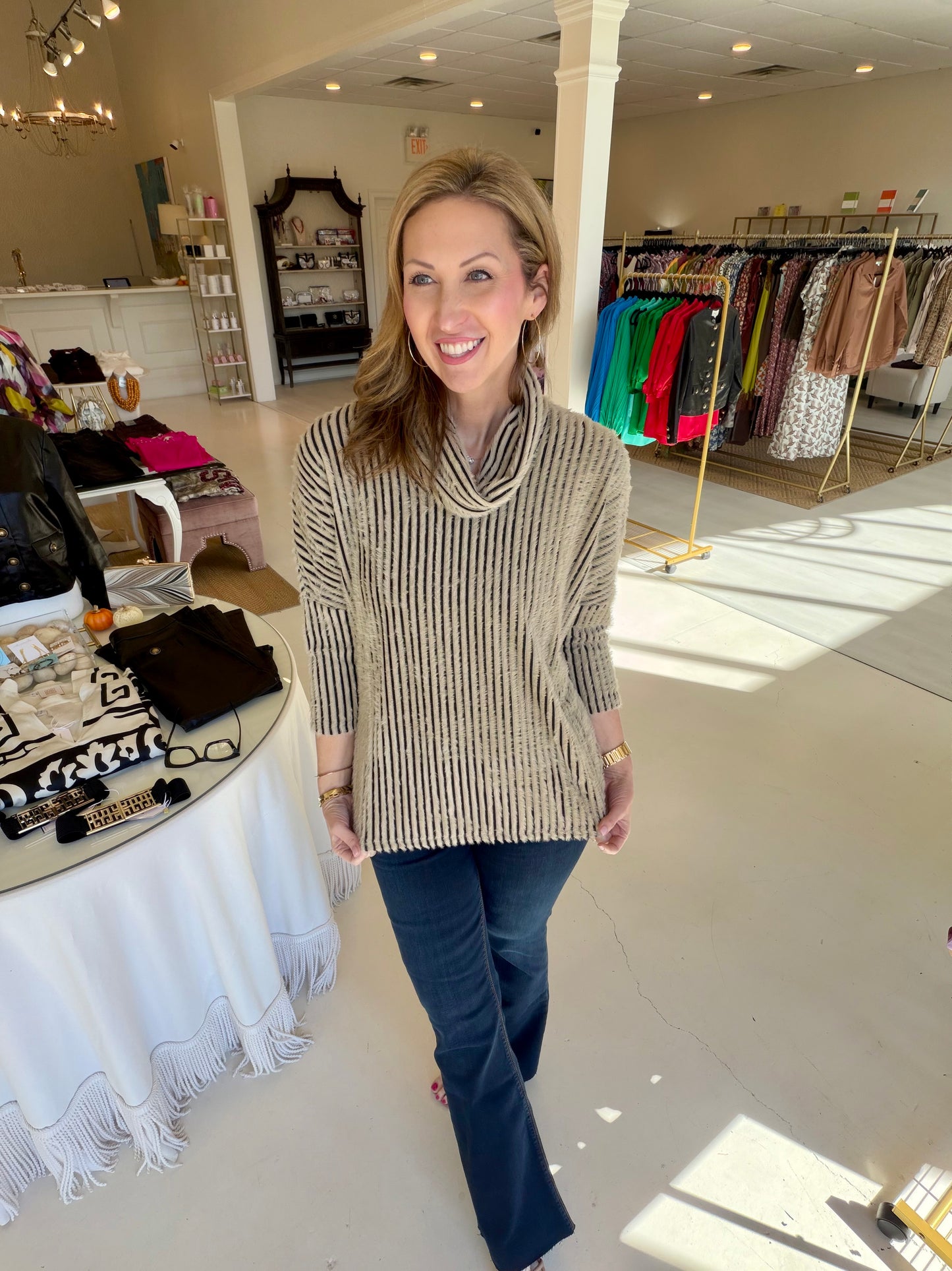 EAB Favorites Cowl Neck Button Back Knit Sweater- Black/Creme