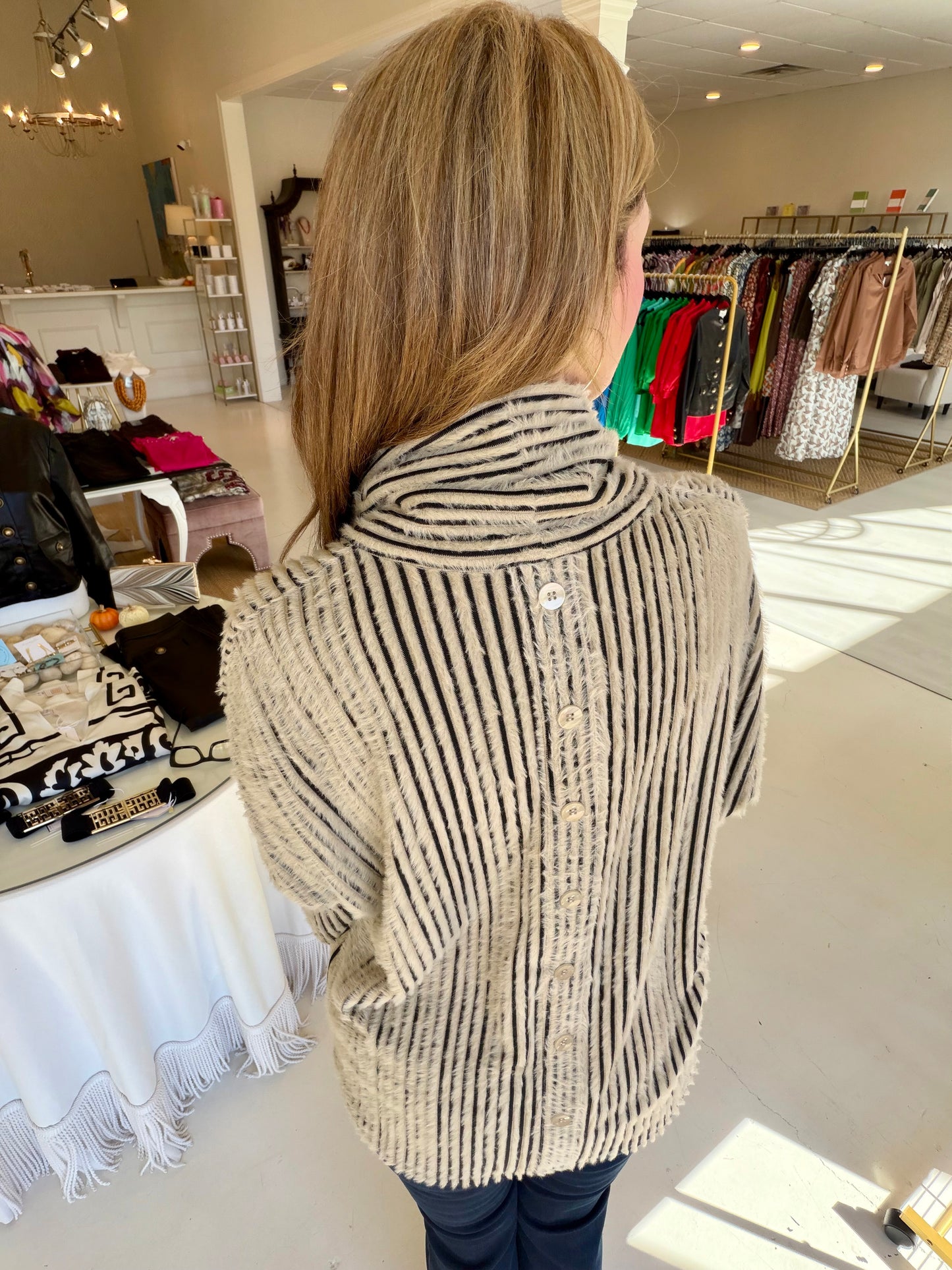 EAB Favorites Cowl Neck Button Back Knit Sweater- Black/Creme