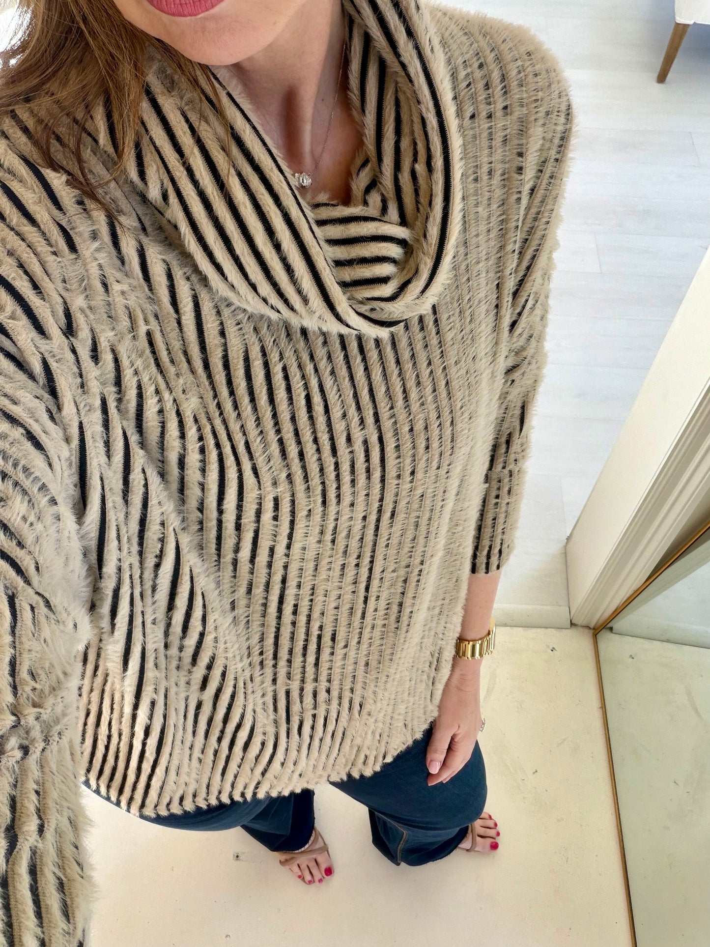 EAB Favorites Cowl Neck Button Back Knit Sweater- Black/Creme