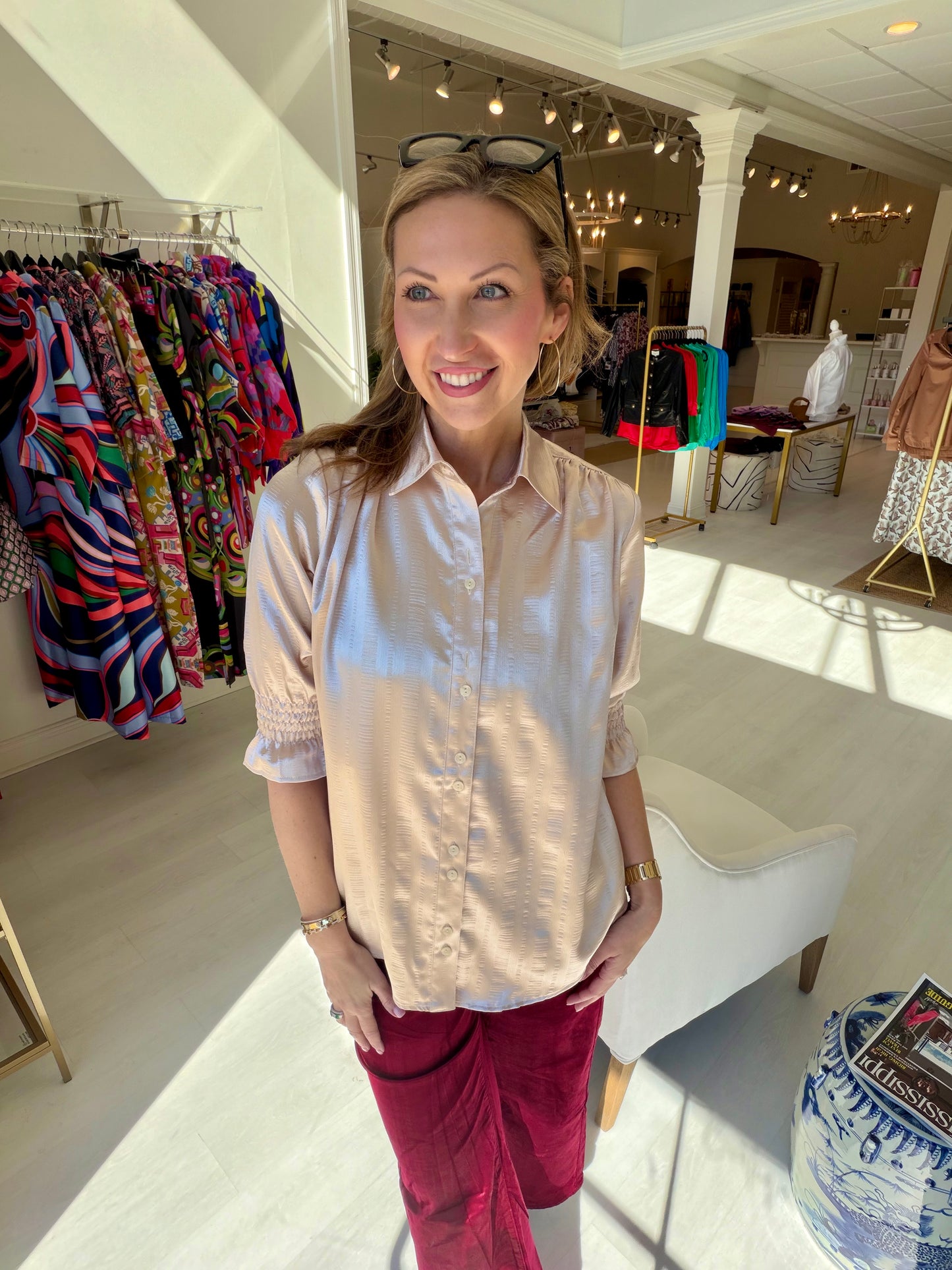 EAB Favorites Button Up Pleated Blouse- Taupe
