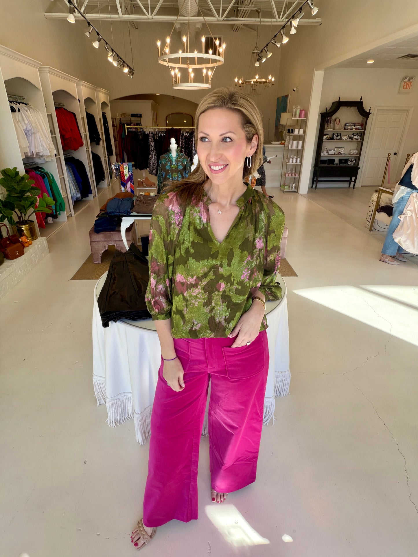 Jade Band Collar Peasant Top- Whimsical Garden