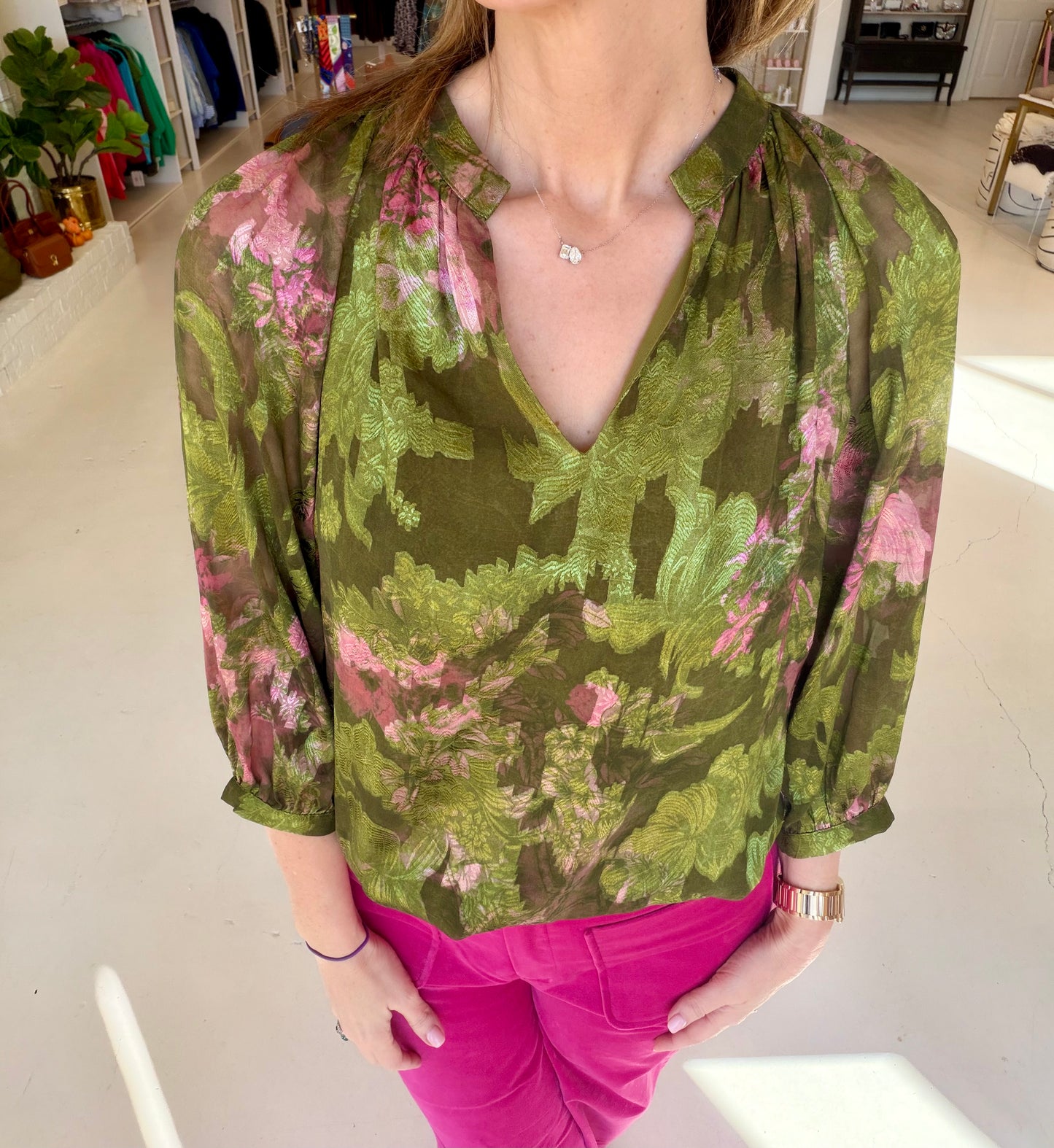 Jade Band Collar Peasant Top- Whimsical Garden