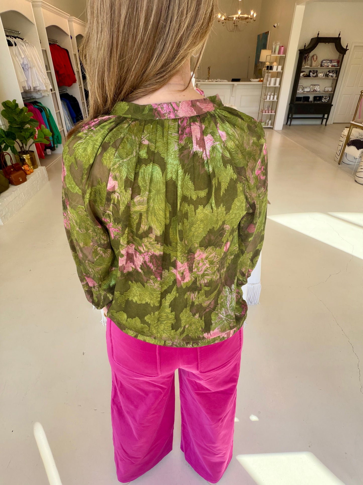 Jade Band Collar Peasant Top- Whimsical Garden