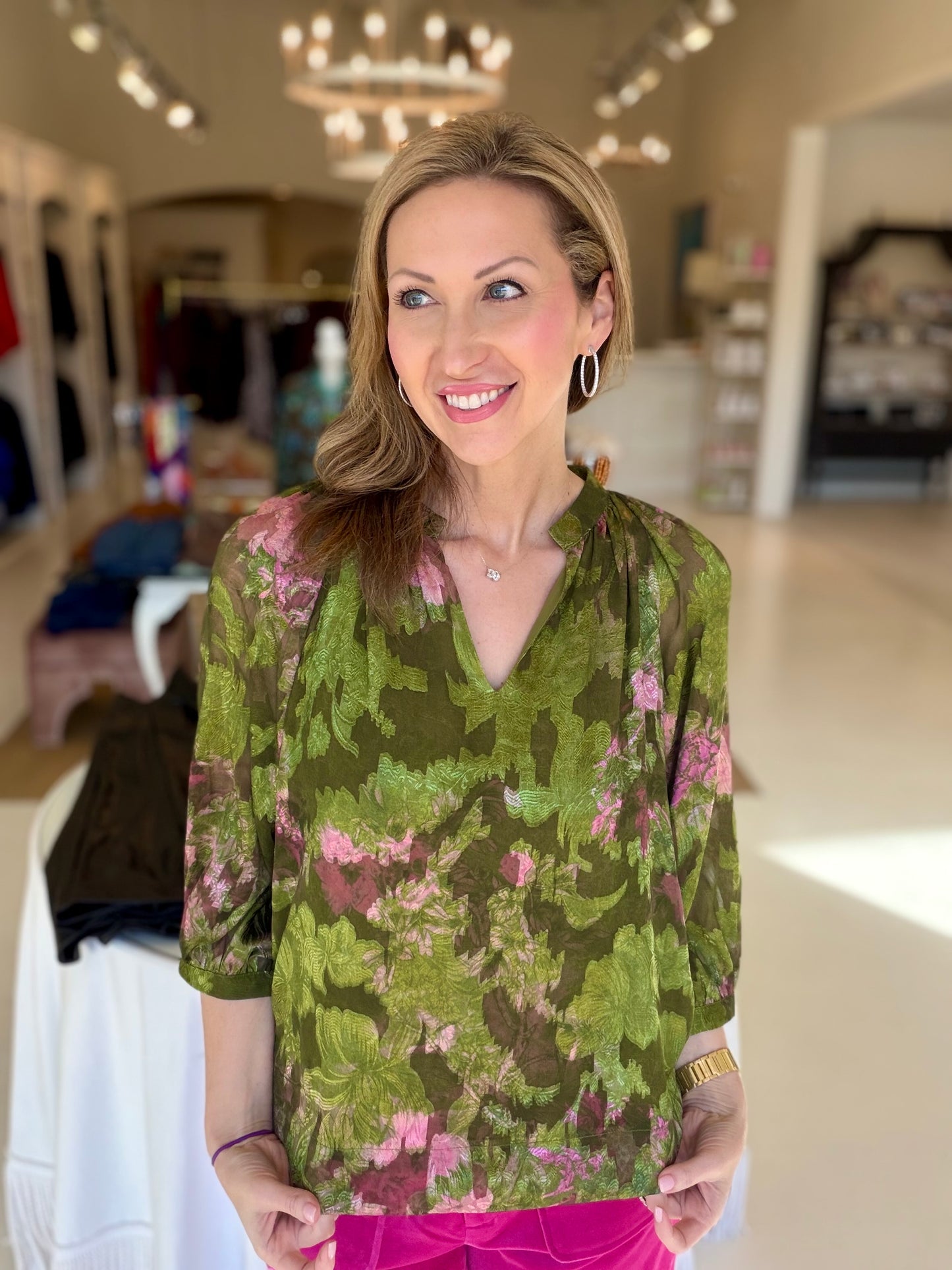 Jade Band Collar Peasant Top- Whimsical Garden