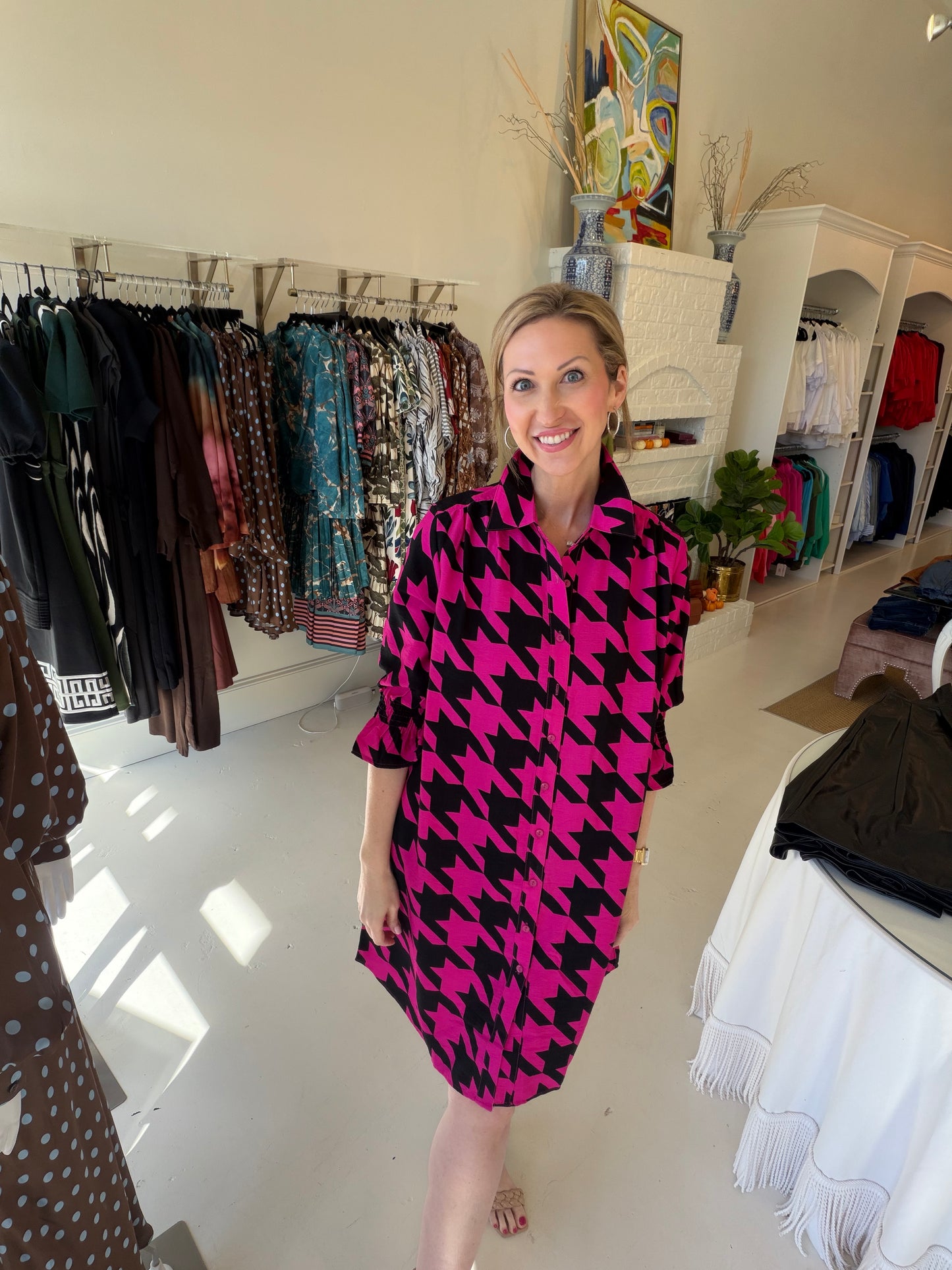 EAB Favorites Button Up Dress- Black & Pink