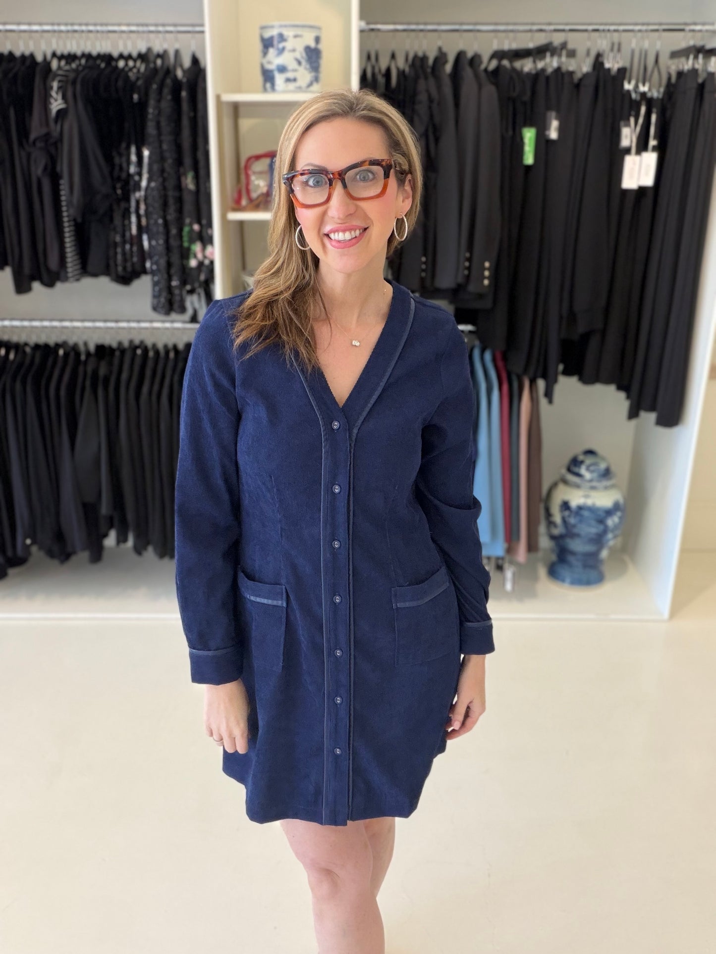 Jade V-Neck Trimmed Buttondown Dress- Navy