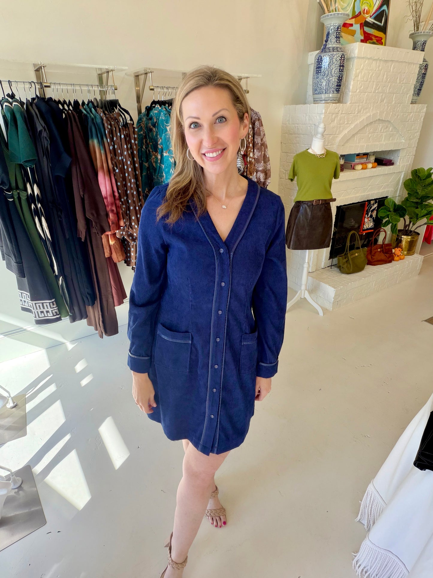 Jade V-Neck Trimmed Buttondown Dress- Navy
